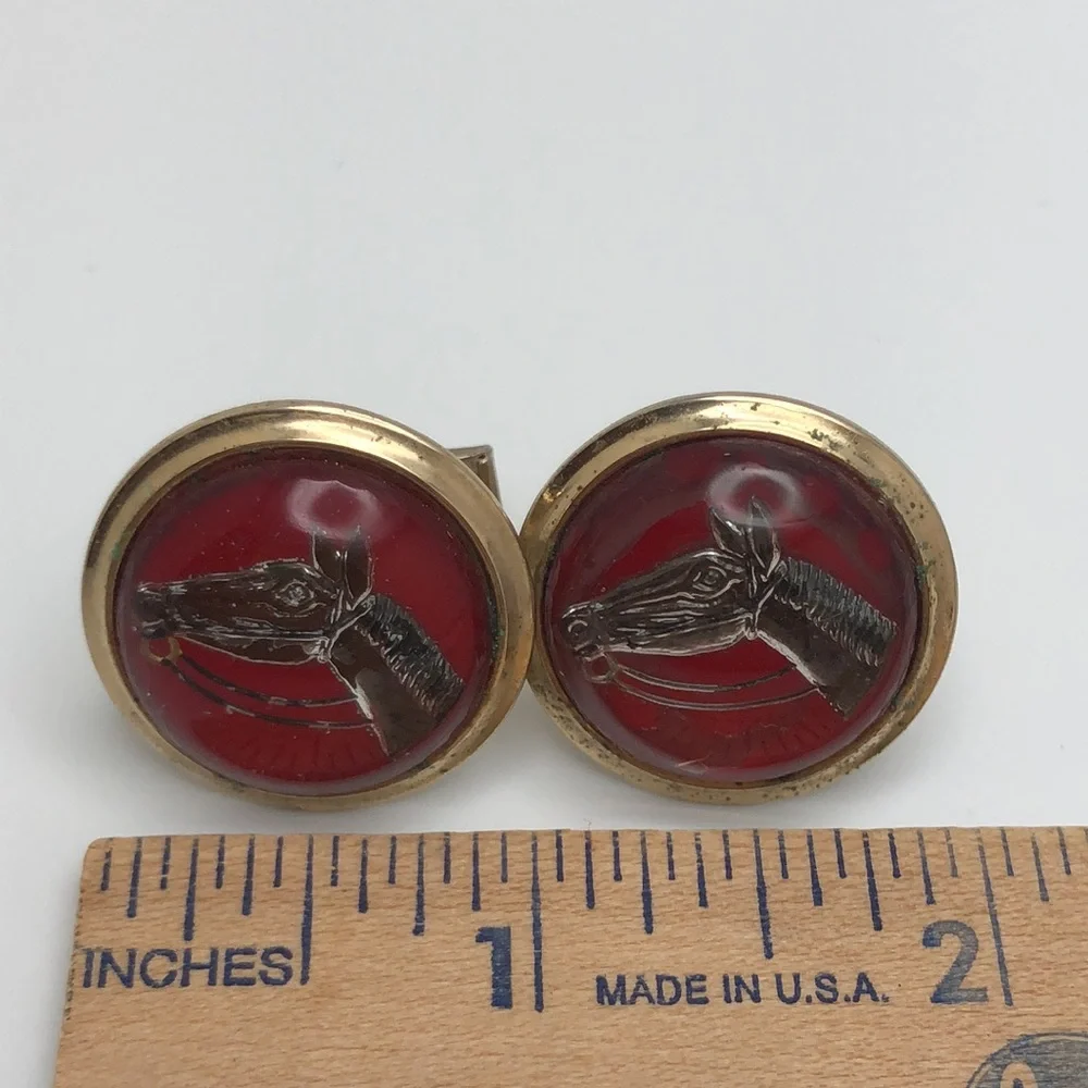 VTG Horse Head Cuff Links Equestrian Theme Reverse Painted Horse Racing Jewelry